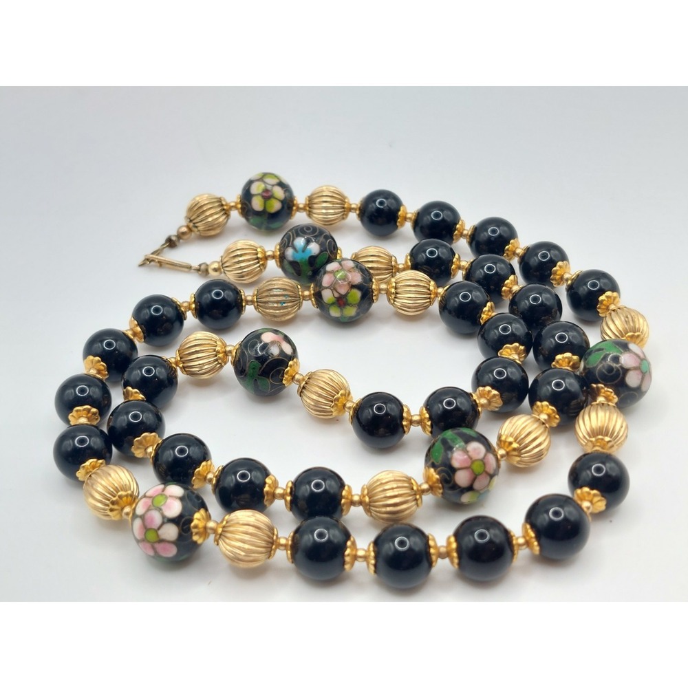 14K Gold Beaded Floral Cloisonne Black Onyx Necklace 25" Estate Vintage Luxury